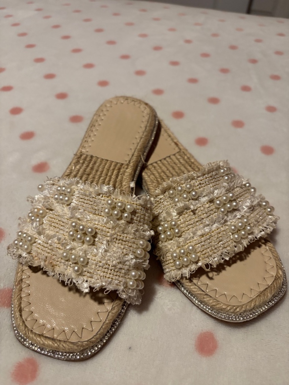 Pearl-Embellished Cream Tweed Slide Mules